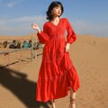 Women Cotton Patchwork Lace Dresses V-Neck Lantern Sleeve Maxi Dress