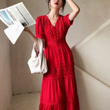 Women Cotton Patchwork Lace Dresses V-Neck Lantern Sleeve Maxi Dress