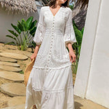 Women Cotton Patchwork Lace Dresses V-Neck Lantern Sleeve Maxi Dress