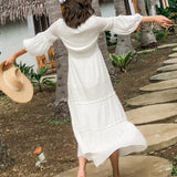 Women Cotton Patchwork Lace Dresses V-Neck Lantern Sleeve Maxi Dress