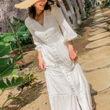 Women Cotton Patchwork Lace Dresses V-Neck Lantern Sleeve Maxi Dress