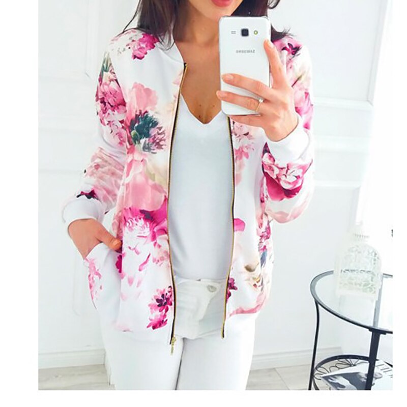 Flower Print Long Sleeve Zipper Jacket