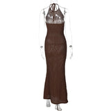 Knitted Hollow Out Sheer Backless Slim Beach Halter Neck Stylish Maxi Dress