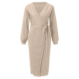 Korean Dongdaemun High Clothing Wrap V Neck Long Sleeve Sweater Tie Waist Bodycon Knit Elegant платье Midi Dress