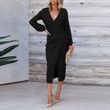 Korean Dongdaemun High Clothing Wrap V Neck Long Sleeve Sweater Tie Waist Bodycon Knit Elegant платье Midi Dress
