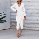 Korean Dongdaemun High Clothing Wrap V Neck Long Sleeve Sweater Tie Waist Bodycon Knit Elegant платье Midi Dress