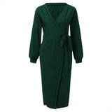 Korean Dongdaemun High Clothing Wrap V Neck Long Sleeve Sweater Tie Waist Bodycon Knit Elegant платье Midi Dress