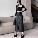 Streetwear Loose Black PU Leather Long Skirt Bottom