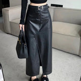 Streetwear Loose Black PU Leather Long Skirt Bottom
