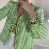 Korean Vintage V Neck Summer New Fashion Casual Plaid Lace-Up Female Shirt Blouse