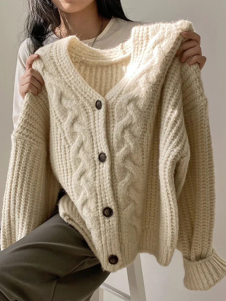 Korean Women Cardigan Knitted Autumn Winter Chic Loose Long Sleeve Simple Solid Jacket for Female Sweater
