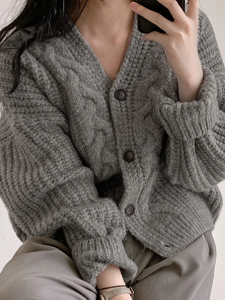 Korean Women Cardigan Knitted Autumn Winter Chic Loose Long Sleeve Simple Solid Jacket for Female Sweater