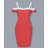 Lace Applique Off Shoulder Dots Print Dress Women Cold Shoulder Polka Dot Red Summer Dress Slim Fit Casual Party Vestidos