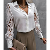Lace Patchwork 2025 Spring Hollow Out Long Sleeve Turn-down Collar White Button Up Office Wear Blouse