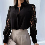 Lace Patchwork 2025 Spring Hollow Out Long Sleeve Turn-down Collar White Button Up Office Wear Blouse