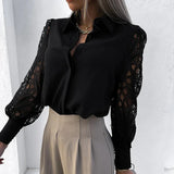 Lace Patchwork 2025 Spring Hollow Out Long Sleeve Turn-down Collar White Button Up Office Wear Blouse