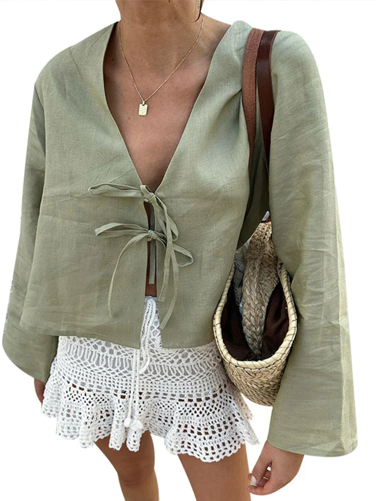 Lace Up Bow Women Long Sleeve Linen Tops Solid Blouse