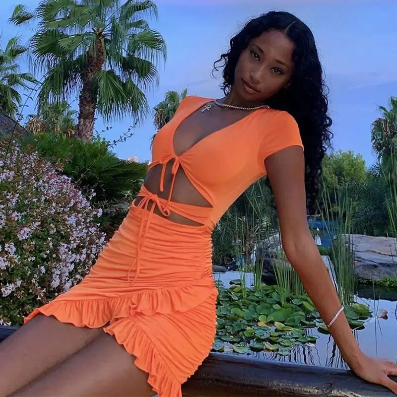 Lace Up Bodycon 2025 Summer Hollow Out Ruffles SunBeachwear Mini Dress