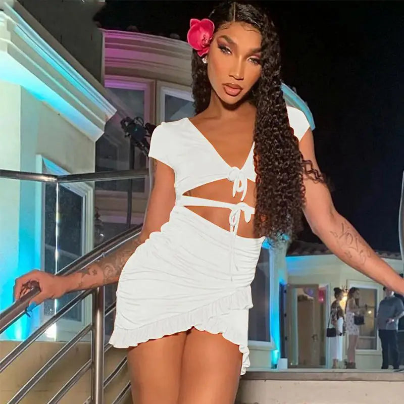Lace Up V Neck Bodycon Women 2025 Summer Hollow Out Ruffles Sun Beachwear Vestidos Mini Dress