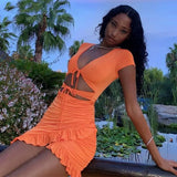 Lace Up V Neck Bodycon Women 2025 Summer Hollow Out Ruffles Sun Beachwear Vestidos Mini Dress