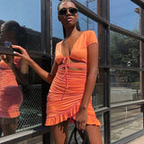 Lace Up Bodycon 2025 Summer Hollow Out Ruffles SunBeachwear Mini Dress