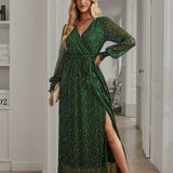 Bright Silk Diamond Lantern Sleeve Maxi Dress