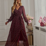 Bright Silk Diamond Lantern Sleeve Maxi Dress