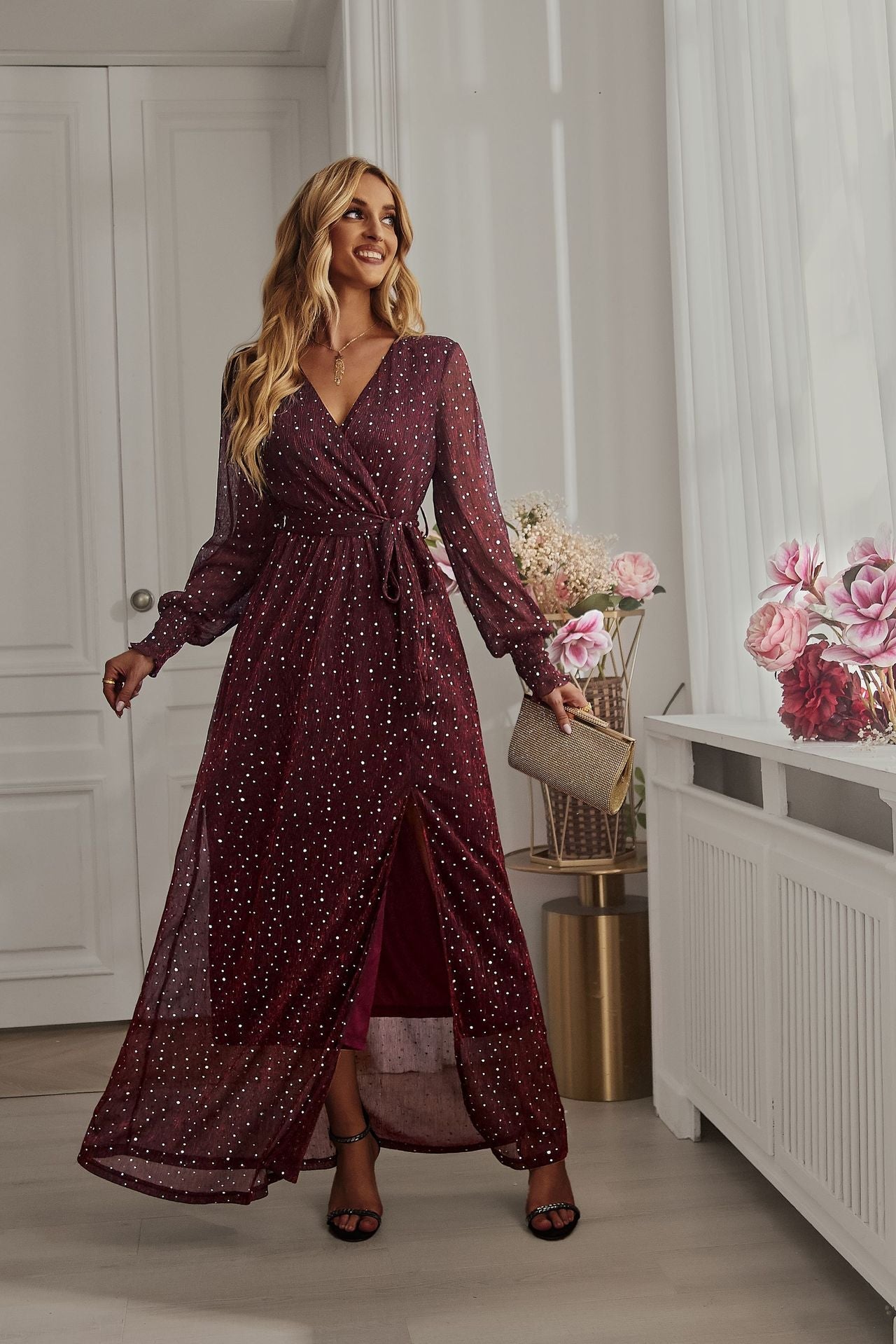 Bright Silk Diamond Lantern Sleeve Maxi Dress