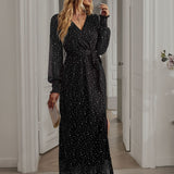 Bright Silk Diamond Lantern Sleeve Maxi Dress