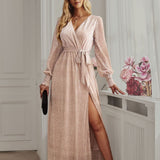 Bright Silk Diamond Lantern Sleeve Maxi Dress