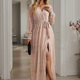 Bright Silk Diamond Lantern Sleeve Maxi Dress