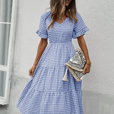 Vintage Plaid Slim Ruffles High Waist Midi Sundress
