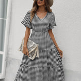 Vintage Plaid Slim Ruffles High Waist Midi Sundress