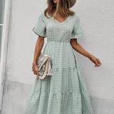Vintage Plaid Slim Ruffles High Waist Midi Sundress