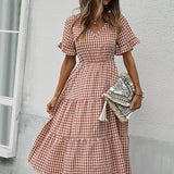 Vintage Plaid Slim Ruffles High Waist Midi Sundress