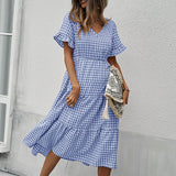 Vintage Plaid Slim Ruffles High Waist Midi Sundress