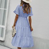 Vintage Plaid Slim Ruffles High Waist Midi Sundress