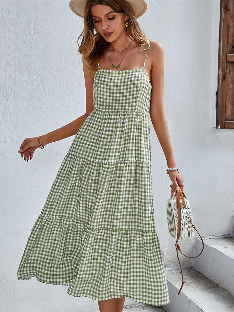 Boho Plaid Backless Casual Ruffles Party Beach Sundress
