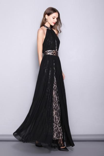Women's Runway Designer Dresses Sexy Halter Sleeveless Embroidery Lace Open Back Fashion Long Party Prom Maxi Dresses