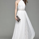 Women's Runway Designer Dresses Sexy Halter Sleeveless Embroidery Lace Open Back Fashion Long Party Prom Maxi Dresses