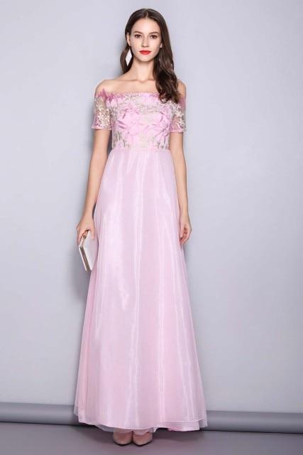 Women's Runway Designer Dresses Sexy Slash Neck Line Embroidery Bodice Patchwork Fashion Prom Long Party Dresses