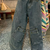 Retro Punk Style Large Pocket Tooling Jeans Women's Street Fashion Pants