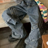Retro Punk Style Large Pocket Tooling Jeans Women's Street Fashion Pants