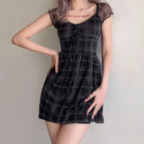 Lattice Pattern A-Line Short Sleeve For Women's Clothes 2025 Summer Comfortable Lady Streetwear Mini Dress