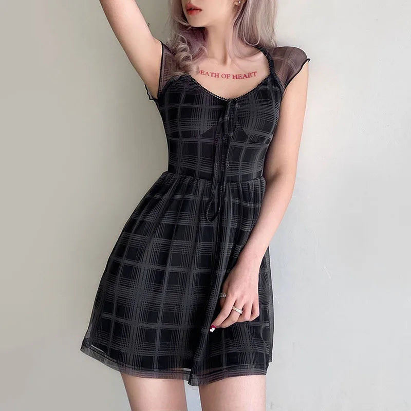 Lattice Pattern A-Line Short Sleeve For Women's Clothes 2025 Summer Comfortable Lady Streetwear Mini Dress