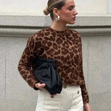 Leopard Printed Knitted Warm For Women Loose O Neck Long Sleeve Sweater