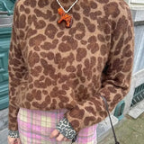 Leopard Printed Knitted Warm For Women Loose O Neck Long Sleeve Sweater