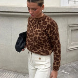 Leopard Printed Knitted Warm For Women Loose O Neck Long Sleeve Sweater