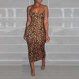 Leopard print chiffon dress women Sleeveless thin strap midi summer dress party dresses robe femme vestidos mujer