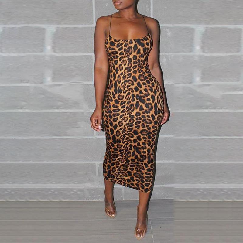 Leopard print chiffon dress women Sleeveless thin strap midi summer dress party dresses robe femme vestidos mujer